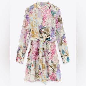 Zara Linen Tropical Floral Shirt Dress